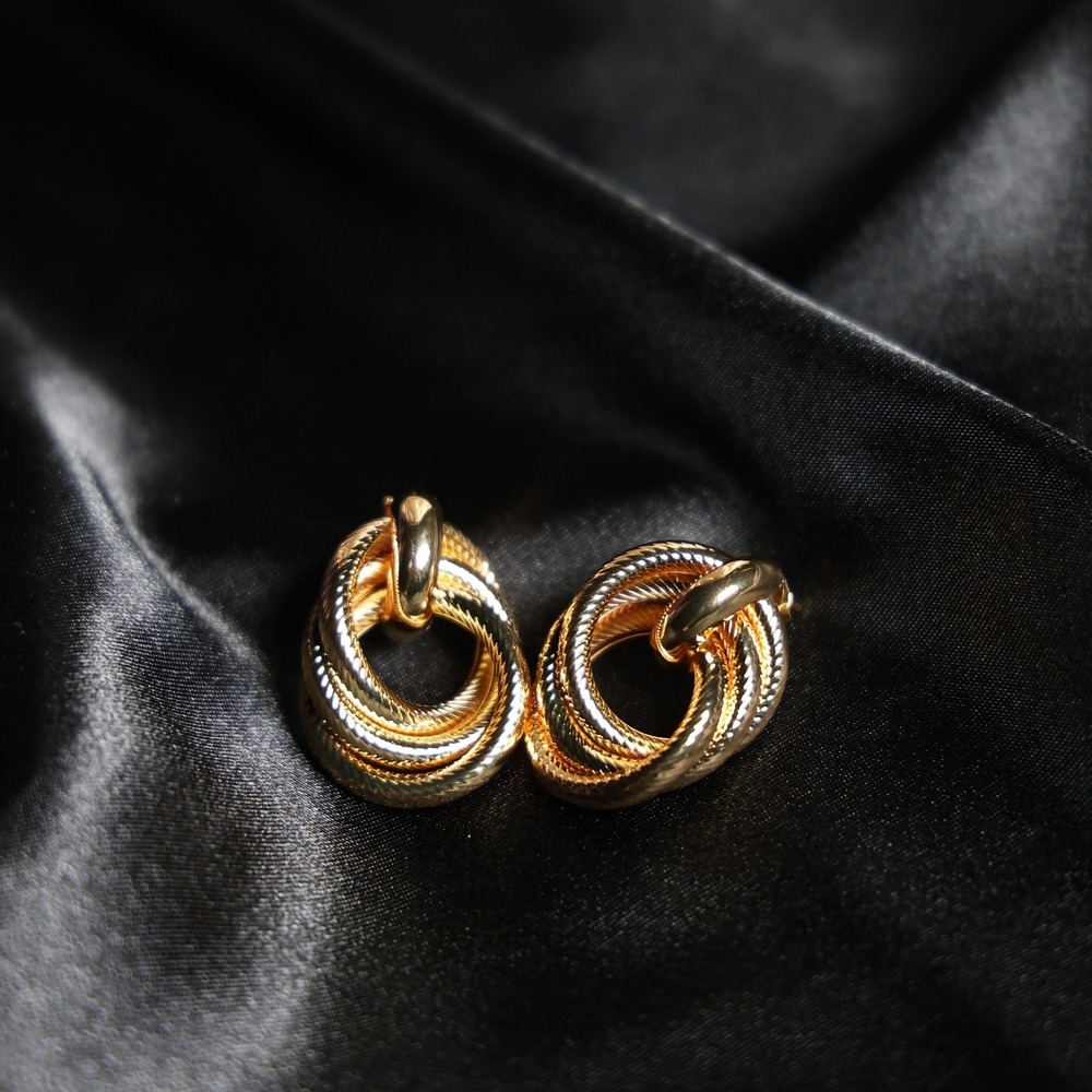 Gold Stainless Steel Multi Hoop Earrings Textured Triple Intertwined Hoops